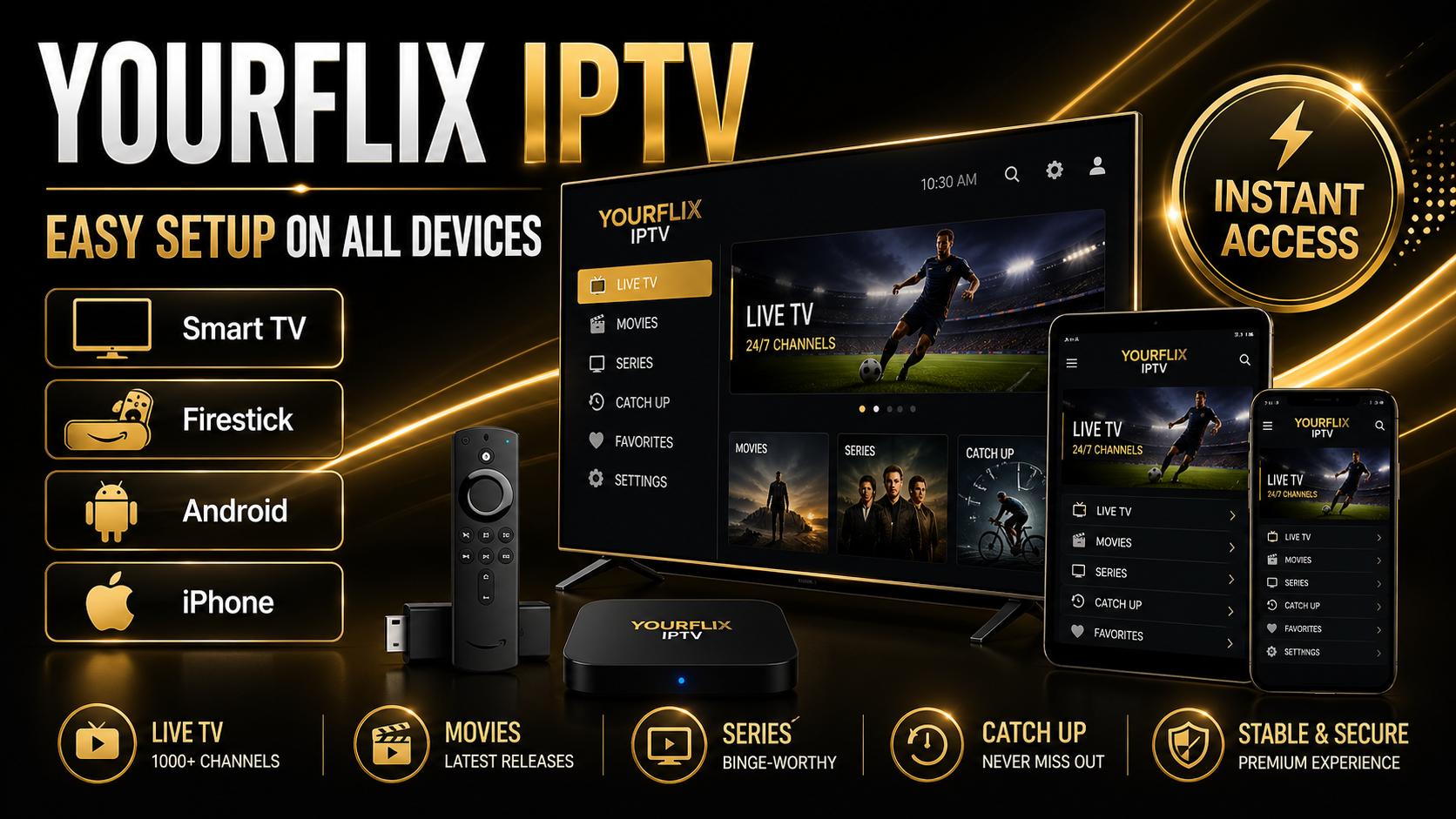 YourFlix IPTV premium streaming service on multiple devices